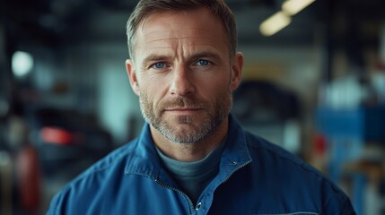 Obraz premium Man with a blue jacket and gray hair is standing in a garage. He has a serious expression on his face