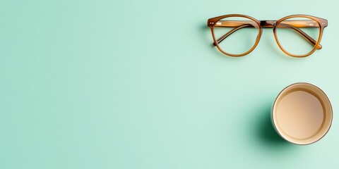 Glasses and a cup of coffee on a mint green background, perfect for lifestyle themes.