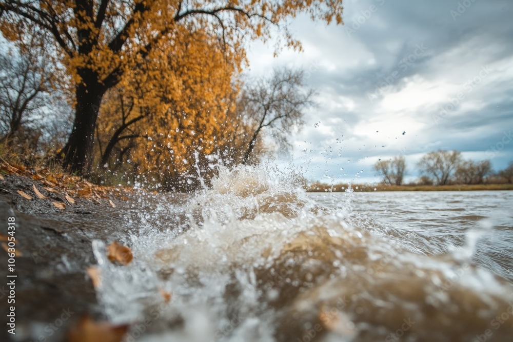 Poster soft river waves overlap in a serene autumn landscape, accented by golden leaves and a calm sky, cap