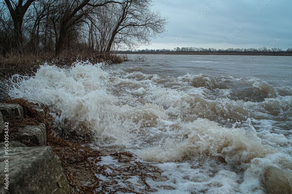 Aufkleber Water splashes energetically over a stone edge, surrounded by leafless trees and a cloudy sky, highlighting a river's restless, vigorous interaction with nature.