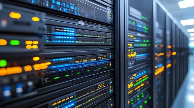 Powerful servers in a modern data center, ensuring seamless connectivity and efficient processing for enhanced performance - Powered by Adobe