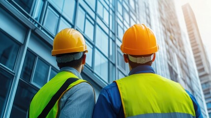 Workers Installing Glass Panels on the Facade of a Modern Office Building with a Deep Depth of Field Showcasing the Construction and Engineering Process
