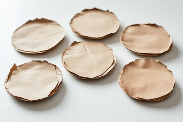 Six neatly cut circular pieces of cardboard are artistically arranged on a pristine white surface, showcasing their precise shape and subtle texture in symmetry.