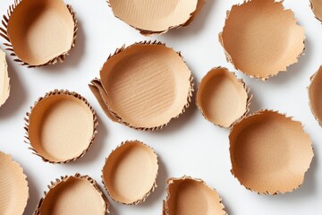 This image showcases an array of abstract round torn paper pieces spread across a white surface, highlighting the textured edges and minimalist aesthetic appeal.