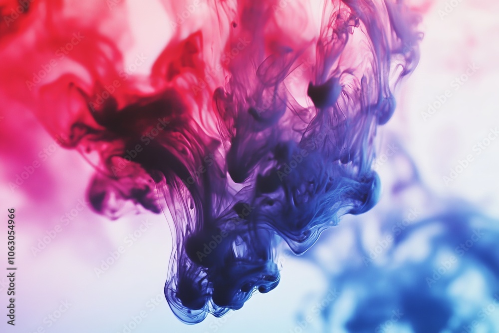 Fototapete This image captures the vibrant and dynamic motion of red and blue ink beautifully swirling and merging in water, creating a mesmerizing visual effect.
