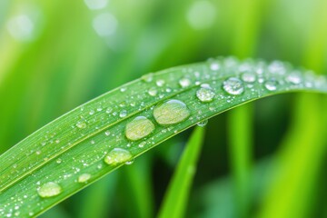 Close-up of a green leaf covered in water droplets, highlighting nature's beauty and freshness.