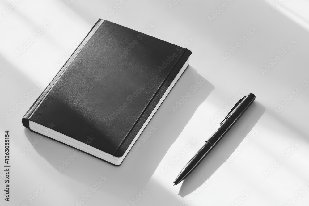 Poster a sleek black notebook and pen are expertly positioned on a white surface, creating a minimalist atm