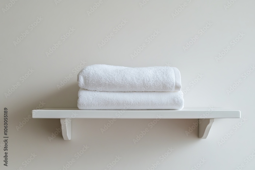 Poster A pair of pristine white towels are neatly stacked on a simple wall-mounted shelf against a plain background, epitomizing cleanliness and minimalism.