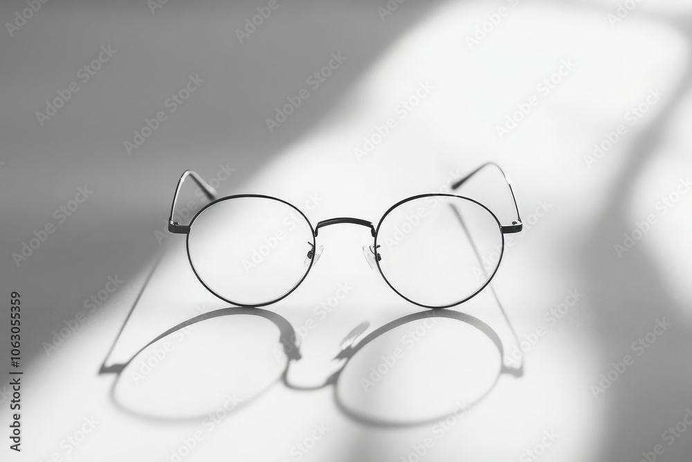 Poster minimalist black round glasses placed on a white surface casting shadows. the soft lighting emphasiz