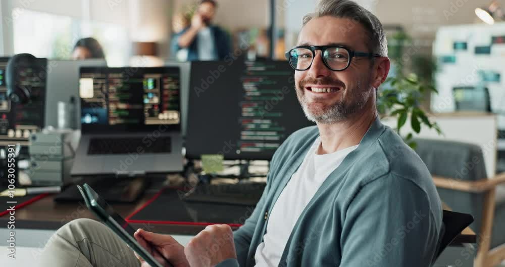 Fototapete Man, office and happy with tablet for coding on research for upgrade or innovation as software engineer. Male person, employee and computer on portrait or confidence for programming and system update