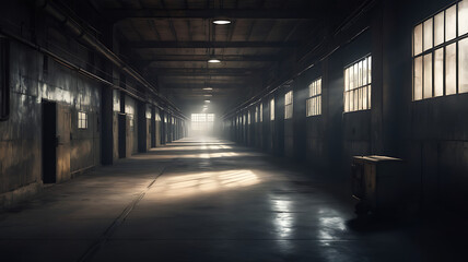 Obraz premium Empty corridors of an old factory, with flickering light and shadows casting an ominous, mysterious mood.