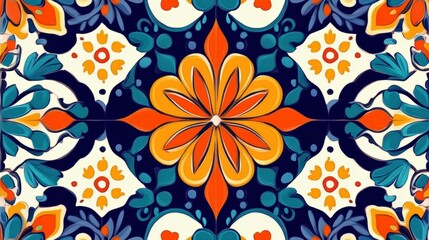 A culturally rich seamless pattern with Mexican Talavera tile designs, incorporating bright colors and floral motifs, perfect for kitchenware, textiles, or colorful decor
