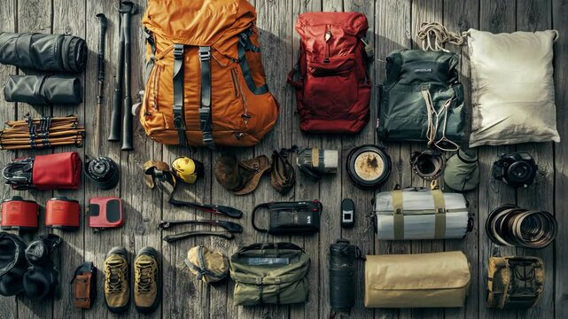 A collection of camping gear laid out on a wooden surface, ready for an adventure