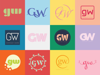 GW logo company template. Letter g and w logotype. Set different classic serif lettering and modern bold text with design elements. Initial font typography.