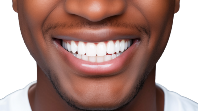 Beautiful wide smile of young african american man with great healthy white teeth isolated on transparent background PNG. 


