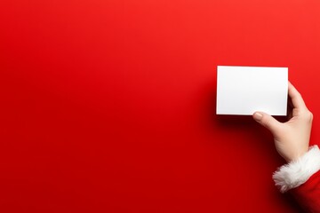 Obraz premium Person is holding a white card in front of a red background. The card is blank, and the person is holding it up to the camera. Concept of anticipation or excitement