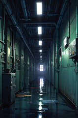 Fototapeta premium Empty corridors of an old factory, with flickering light and shadows casting an ominous, mysterious mood.