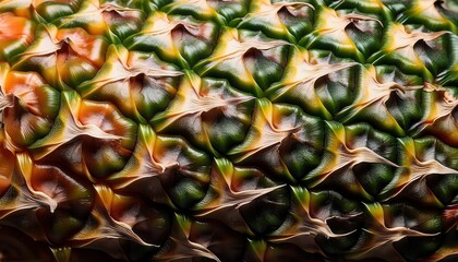Fototapeta premium Close-Up of Pineapple Skin Texture with Detailed Green, Yellow, and Orange Patterns. Perfect for Backgrounds, Nature Themed Designs, Food Industry Branding, and Organic Packaging Concepts