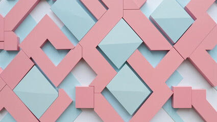 Pink and blue pastel abstract geometric shapes interlocking.
