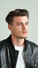 Obraz premium A man with a beard and a black leather jacket