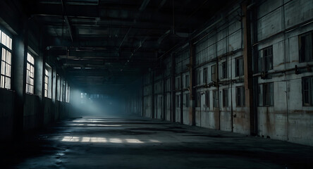 Obraz premium Empty corridors of an old factory, with flickering light and shadows casting an ominous, mysterious mood.