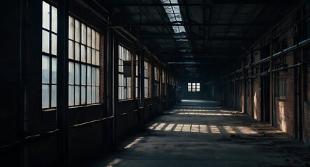 Empty corridors of an old factory, with flickering light and shadows casting an ominous, mysterious mood.