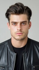 Fototapeta premium A man with a shaved head and a black leather jacket