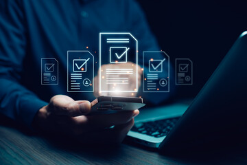 checklist and clipboard task documentation management, business people working laptop checklist questionnaire assessment form, online survey online exam Choosing the right answer in the exam