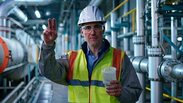 Industrial Safety First: A confident industrial worker, wearing safety glasses and a hard hat, makes a peace sign while holding a sample container in a bustling factory environment.