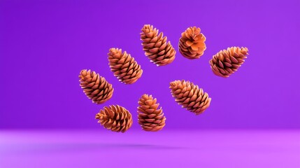 Group of pine cones are floating in the air on a purple background. The pine cones are arranged in a way that they appear to be in motion, as if they are being blown by the wind