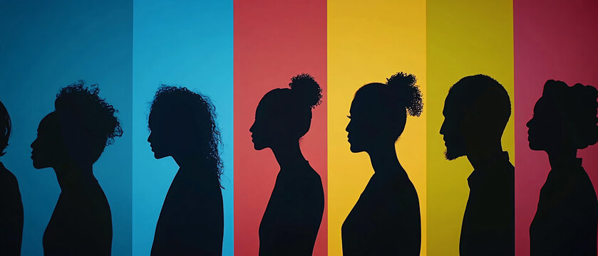 Silhouettes of Diverse People Against Colorful Backgrounds  Equality and Unity Concept, Silhouettes of Diverse People Against Colorful Backgrounds  Equa