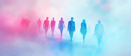 Silhouettes of People Walking Through a Dreamlike Fog