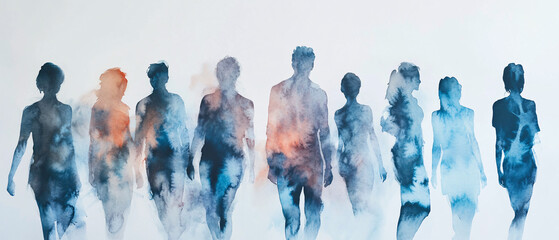 Abstract Watercolor Painting of Silhouettes of People Walking Together, Abstract Watercolor Painting of Silhouettes of People Walking To