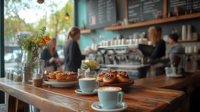 A vibrant photography of a group of friends gathered around a rustic wooden table in a trendy coffee shop, with colorful pastries and cappuccinos served in elegant cups, showcasing a relaxed social at