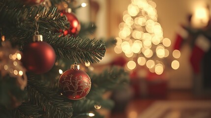 A beautiful close-up shot of a red Christmas ornament adorned with delicate silver designs, hanging on a green Christmas tree