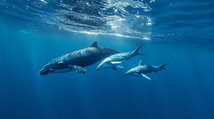 Fototapeta premium A humpback whale swims near a school of fish.