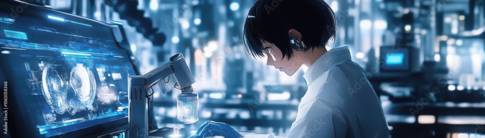 Poster futuristic anime character innovating in a high-tech laboratory environment with advanced technology