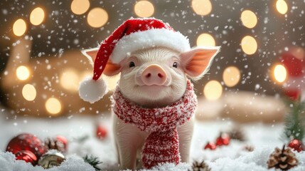 A cute piglet in a red Santa hat and scarf, standing on snowy ground, festive Christmas background