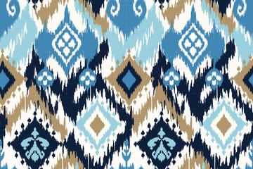 Ikat seamless pattern, geometric design, motif ethnic handmade, Ikat ethnic tribal, boho colors seamless wallpaper. Ethnic Ikat abstract background art.Illustration for greeting cards, printing