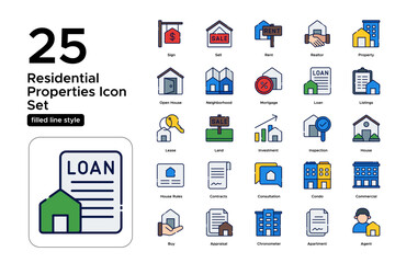 Residential Properties Filled Line Icon Set: Homes, Apartment Complexes, and Residential Listings Icons