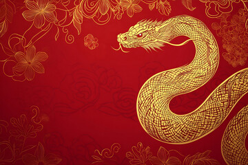 Obraz premium Golden snake entwined with floral patterns on a vivid red background, symbolizing prosperity and luck in traditional art