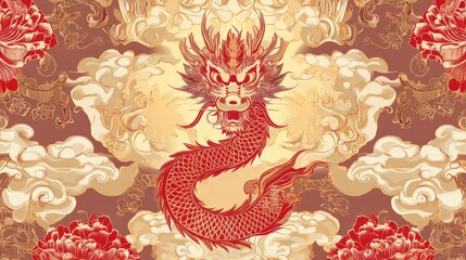 A traditional seamless pattern inspired by Chinese heritage, featuring dragons, clouds, and floral motifs in red and gold, creating a striking design suitable for event decor, textiles