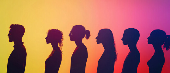 Silhouettes of Diverse People Standing in a Row Against a Colorful Gradient Background, Silhouettes of Diverse People Standing in a Row Against a Colorf