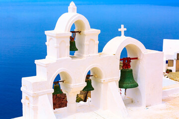 Sea and white bell tower, Santorini, Greece