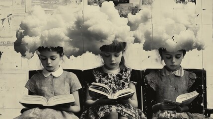 Surreal image of girls reading with clouds over their heads in black and white