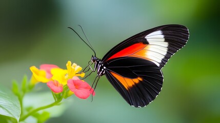 Butterfly pollinates colorful flowers in nature