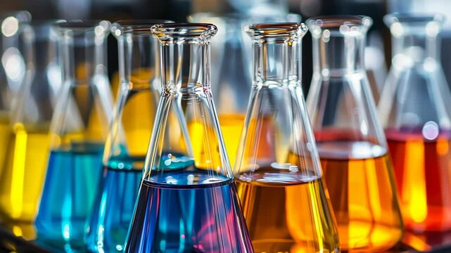 A row of beakers filled with colorful liquids sits in a laboratory