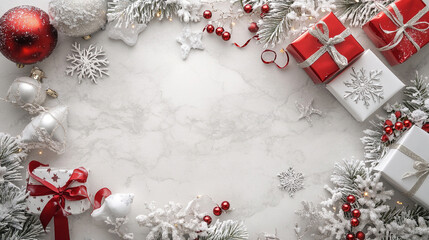 New Year or Christmas concept. Christmas background and gold gift boxes. Christmas theme and New Year's background. Christmas ornaments and New Year border decoration. Greeting card. Copy space area