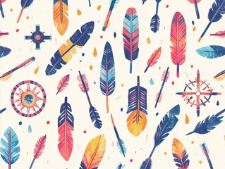 A whimsical seamless pattern inspired by Native American motifs, with symbols like arrows, feathers, and dreamcatchers, arranged in a playful