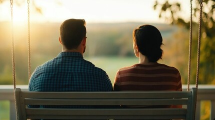 Loving Couple Sitting on a Wooden Porch Swing Cherishing the Peaceful Moments of Their Affectionate Relationship in a Serene Picturesque Pastoral Setting